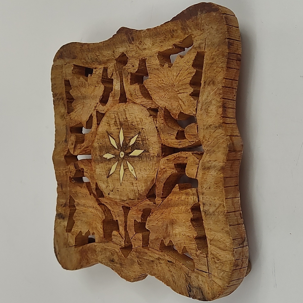 Carved Wood Trivet With Floral Inlay